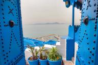 Stunning view of the Gulf of Tunis and the Mediterranean from the beautiful cliff top town of Sidi Bou Said, known for its cobbled streets and blue and white architecture. (Photo by John Wreford / SOPA Images/Sipa USA