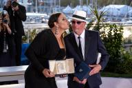 Karla Sofía Gascon and Jacques Audiard pose with the \'Best Actress\' Award and Jury Prize for \'Emilia Perez\' at the end of the 77th edition of Cannes Film Festival, in Cannes, France, on May 25, 2024. Photo by Ammar Abd Rabbo\/Abaca\/Sipa