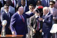 US President Joe Biden is presented a helmet as he welcomes the Kansas City Chiefs to the White House to celebrate their championship season and victory in Super Bowl LVIII on the South Lawn at the White House in Washington on May 31, 2024. Photo by Yuri Gripas/Abaca/Sipa