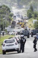 French police forces removing the blockage on rue Iékawé of Noumea on June 1, 2024. Photo by MMIIAS\/Abaca\/Sipa