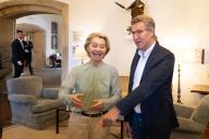 The President of the European Commission, Ursula Von der Leyen, and the President of the Partido Popular, Alberto Núñez Feijóo, during a meeting, June 1, 2024, in Santiago de Compostela, A Coruna, Galicia, Spain, on June 01, 2024. The President of the European Commission, Ursula Von der Leyen, and the leader of the PP, Alberto Núñez Feijóo, met today in Santiago de Compostela to discuss issues such as the amnesty law and the defense of the rule of law. Both will then travel to O Pino (A Coruña) to participate in an electoral event on the occasion of the European elections on June 9. Photo by César Arxina\/Europa Press\/Abaca\/Sipa