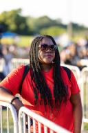 Legacy Fest founder Dr. Tiffany Crutcher observes the entertainment at the 4th Annual Black Wall Street Legacy Festival held on Greenwood/Black Wall Street in Tulsa, Oklahoma on June 1, 2024. (Photo by Jay Wiggins/Sipa USA