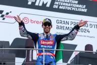 Enea Bastianini of Italy and Ducati Lenovo Team celebrates second place on the podium at the end of the MotoGP GP7 Gran Premio d