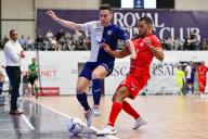 Steven Dillien (17) of Futsal Anderlecht fighting for the ball with Khalid Moussaoui (9) of Futsal Topsport Antwerpen during a futsal soccer game between Sporting Anderlecht Futsal and Futsal Topsport Antwerpen in the second leg of the Championship finals of the 2023 - 2024 season of the Belgian Betcenter Futsal league , on Friday 31 May 2024 in Roosdaal , Belgium . (Photo by David Catry/Sportpix/CC/Sipa USA