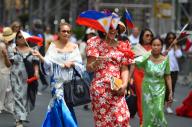 Participants with traditional clothes marching on Madison Avenue, Manhattan in New York City during the 34th Annual Philippine Day Parade on June 2, 2024. (Photo by Ryan Rahman/Pacific Press/Sipa USA