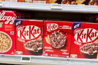 Boxes of KitKat Cereal are on display at a store in Mazan, France on May 20, 2024. The cereal is made by Nestle. (Photo by Samuel Rigelhaupt/Sipa USA