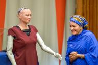 United Nations Deputy Secretary-General Amina J. Mohammed (R) is seen in coversation with the robot "Sophie" at a thematic joint meeting of the UN General Assembly Second Committee and ECOSOC titled The future of everything  Sustainable ...