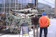 Russian T-72 B3 tank destroyed by Ukrainian armed forces on display at the Kansalaistori Square in Helsinki, Finland, on November 18, 2023. (Photo by JUSSI NUKARI/LEHTIKUVA/Sipa USA