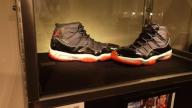 Michael Jordan 1996 Finals game 5 worn sneakers on display during press preview for the Sotheby