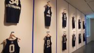 Worn jerseys of West and East teams from 2024 NBA All-Star game on display during press preview for the Sotheby