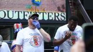 Competitive eaters participate in Nathans Famous Hot Dog Eating Qualifier in Times Square in New York, NY on May 17, 2024. (Video by Efren Landaos\/Sipa USA)