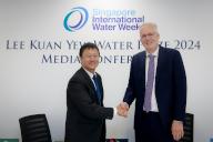 Professor Gertjan Medema (right) with PUB chief executive Ong Tze-Châin at the Lee Kuan Yew Water Prize 2024 media conference held on 16 April 2024. Professor Medema, principal microbiologist at the KWR Water Research Institute in the Netherlands,