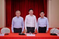(From left) Minister for Trade and Industry Gan Kim Yong, Deputy Prime Minister Lawrence Wong and Deputy Prime Minister Heng Swee Keat pose at the Istana after a press conference, 13 May 2024. Mr Wong, 51, who will be sworn in as Singaporeâs 