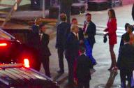 Former President Donald Trump gets ready to leave UFC 290 after waking by some very nicely dressed female fans as he stayed for three hours at the fight as Secret Service gets his SUV ready to go in Las Vegas. At one point the 45th President was 