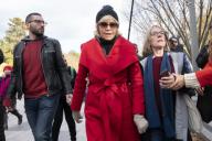 Actress and political activist Jane Fonda, left, joined by Ben Cohen and Jerry Greenfield of Ben and Jerry?s Ice Cream, participates in a climate protest on Capitol Hill in Washington D.C., U.S., on Friday, November 8, 2019. Activists then marched ...