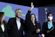 United States Vice President Kamala Harris, right, and Terry McAuliffe, the Democratic Party nominee for Governor of Virginia, left, wave to the crowd at his campaign event in Dumfries, Virginia on Thursday, October 21, 2021. Credit: Yuri Gripas / 