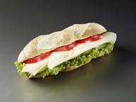 Baguette sandwich with cheese, tomatoes, cucumber and lettuce