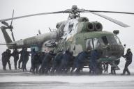 KARAGANDA REGION, KAZAKHSTAN â MARCH 30, 2022: A Mil Mi-8MTV5-1 helicopter which is part of a search and rescue team is seen as the Soyuz MS-19 descent capsule carrying Roscosmos cosmonauts Anton Shkaplerov, Pyotr Dubrov and NASA astronaut Mark T. 