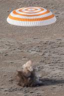 KARAGANDA REGION, KAZAKHSTAN â MARCH 30, 2022: Soyuz MS-19 descent capsule carrying Roscosmos cosmonauts Anton Shkaplerov, Pyotr Dubrov and NASA astronaut Mark T. Vande Hei lands 147km south-east of the town of Zhezkazgan. Sergei Savostyanov/TASS