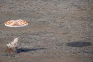 KARAGANDA REGION, KAZAKHSTAN â MARCH 30, 2022: Soyuz MS-19 descent capsule carrying Roscosmos cosmonauts Anton Shkaplerov, Pyotr Dubrov and NASA astronaut Mark T. Vande Hei lands 147km south-east of the town of Zhezkazgan. Sergei Savostyanov/TASS