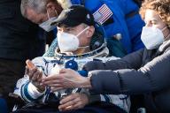 KARAGANDA REGION, KAZAKHSTAN â MARCH 30, 2022: NASA astronaut Mark T. Vande Hei (C) is seen as the Soyuz MS-19 descent capsule lands 147km south-east of the town of Zhezkazgan. Sergei Savostyanov/TASS