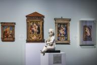 ST PETERSBURG, RUSSIA - MARCH 30, 2022: An exhibition titled "Florence Sculpture in the 15th Century" takes place at the State Hermitage Museum. The exhibition features 25 works made of terracotta, gypsum, majolica and wood, with several items from 