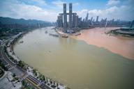 The intersectional zone of Yangtze river and Jialing river has different colors in Chongqing,China on 30th June, 2021.(Photo by TPG/cnsphotos