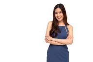 Portrait of successful business asian women in blue dress with arms crossed and smile isolated over white background, Young businesswoman smiling and looking at camera, Happy feeling concept