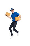 Young Asian delivery man jumping and holding parcel box isolated on white background