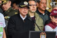 Colombian president Gustavo Petro gives a speech as Colombians march in support for the government proposed social reforms in Bogota, Colombia, September 27, 2023
