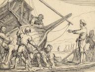 Slaves at work on a ship, 1649, Historical, digitally restored reproduction from a 19th-century original