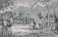 The execution of slaves by beheading by the Bakuti, near the Equator Station, The head of the victim is attached to a branch of a tree with a rope, which catapults the severed head into the air after beheading with the axe, Historical, digitally 