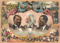 Heroes of the Colored Race. Head-and-shoulders portraits of Blanche Kelso Bruce, Frederick Douglass, and Hiram Rhoades Revels surrounded by scenes of African American life and portraits of Jno. R Lynch, Abraham Lincoln, James A. Garfield, Ulysses S. 