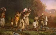 On to freedom, freed slaves leaving a cotton plantation, 1887, America, Historic, digitally restored reproduction from a 19th century original