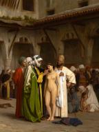 Slave market in Arabia, several customers examine a young woman, after a painting by Jean-Leon Gerome, Historical, digitally restored reproduction from a 19th century original