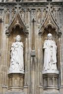 Canterbury cathedral, Kent, U.K. Facade statues of Queen Elizabeth II and consort Philip