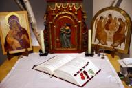 Saint Nicolas church. Altar with prayer book and tabernacle for celebration. Cluses. France