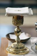 Thi Nghe catholic Church. Catholic church. Sunday mass. Eucharist table with Chalice and ciborium. Cruseilles. France