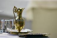 Saint Francois de Sales Basilica. Sunday mass. Eucharist table with Chalice and ciborium. Thonon. France