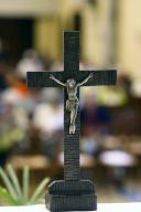 Saint Nicolas church. Crucifix on altar. Jesus on the cross. Cluses. France