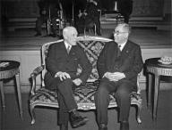 Washington, D.C.: February, 1941. Japanese Navy Adm. Kichisaburo Nomura sitting with the United States Secretary of State, Cordell Hull.