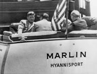 Hyannis Port, Massachusetts: c. 1962 President Kennedy confers with top aides, Robert McNamara, Dean Rusk, and Gen. Maxwell Taylor aboard the yacht Marlin in Nantucket Sound in Hyannis Port.