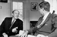 Washington, D.C.: August 3, 1961 Adlai Stevenson, U.S. Ambassador to the United Nations, reports to President Kennedy today at the White House about his recent tour of Europe.
