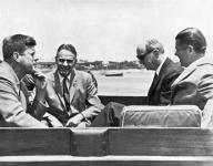 Hyannis Port, Massachusetts: July 8, 1961 President Kennedy and his advisors aboard the yacht Marlin discussing the Berlin problem. L-R are the President, General Maxwell Taylor, Secretary of State Dean Rusk, and Secretary of Defense Robert McNamara....