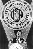 Atlantic City, New Jersey: September 19, 1960 Senator John F. Kennedy speaking at the United Steelworkers told them he favors an increase in productivity to produce full employment, rather than the 32 hour work week suggested by USW president ...