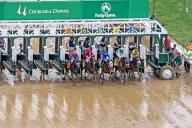 The horses break from the gate during the 5th race on a sloppy track during a light rain at Churchill Downs in Louisville, Kentucky on Friday, May 3, 2024. The Kentucky Oaks race for three-year-old fillies is later in the day. Photo by Pat Benic