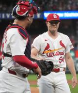 St. Louis Cardinals starting pitcher Sonny Gray is greeted by catcher Willson Contreras at the end of the second inning against the Chicago White Sox at Busch Stadium in St. Louis on Friday, May 3, 2024. Photo by Bill Greenblatt