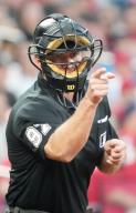 Home plate umpire Ben May calls a strike during the Chicago White Sox-St. Louis Cardinals baseball game in the second inning at Busch Stadium in St. Louis on Friday, May 3, 2024. Photo by Bill Greenblatt