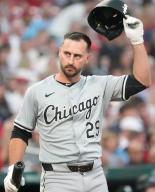 Chicago White Sox batter Paul Dejong acknowledges the St. Louis Cardinals fans standing ovation during his first time at bat in the second inning at Busch Stadium in St. Louis on Friday, May 3, 2024. Dejong spent seven years as a member of the St. Louis Cardinals. Photo by Bill Greenblatt