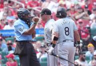 Home Plate umpire C.B. Bucknor explains his called third strike on Chicago White Sox Nicky Lopez, to manager Pedro Griffon, in the third inning during a game with the St. Louis Cardinals at Busch Stadium in St. Louis on Saturday, May 4, 2024. Photo by Bill Greenblatt